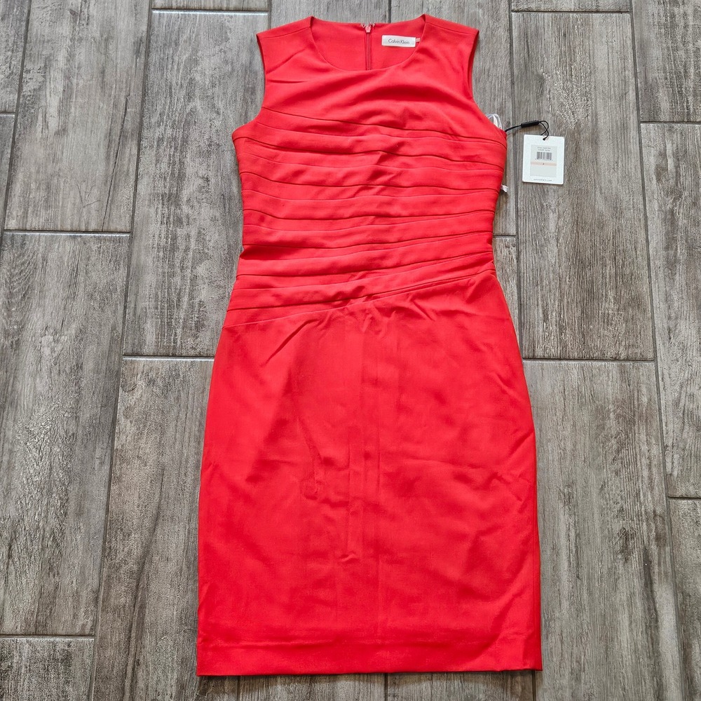 Calvin Klein Sheath Dress Size 2 Red NEW Pleated Career Workwear Classic‎ Office